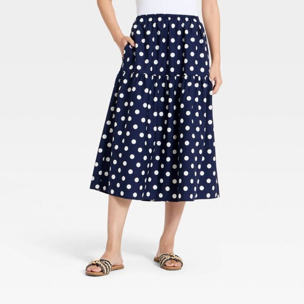 Women's Tiered Eyelet Midi Skirt - A New Day Navy Blue L